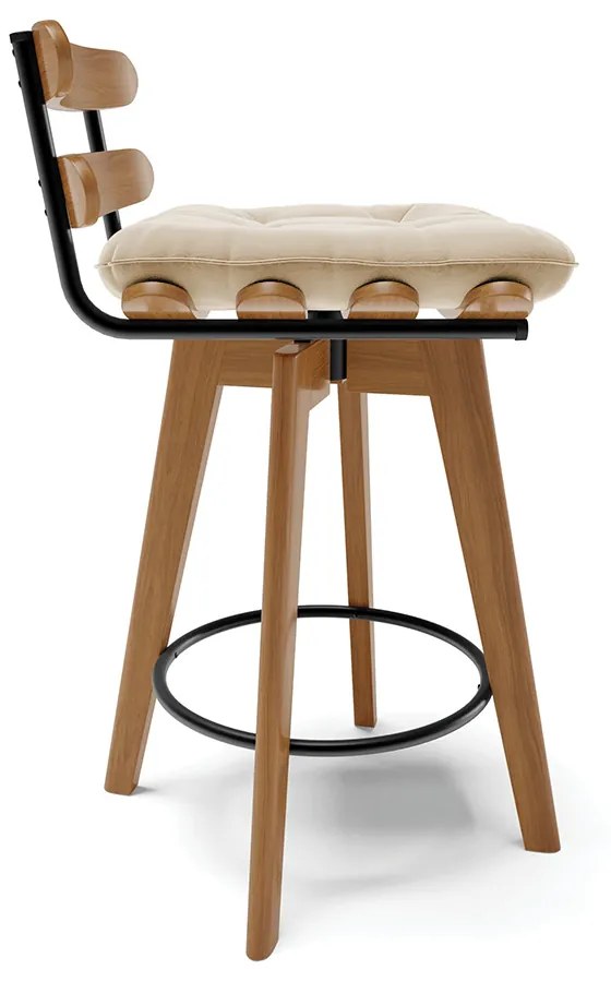 Kit 02 Banquetas Giratória Costela Suede Bege Base Madeira MA70 - DRossi