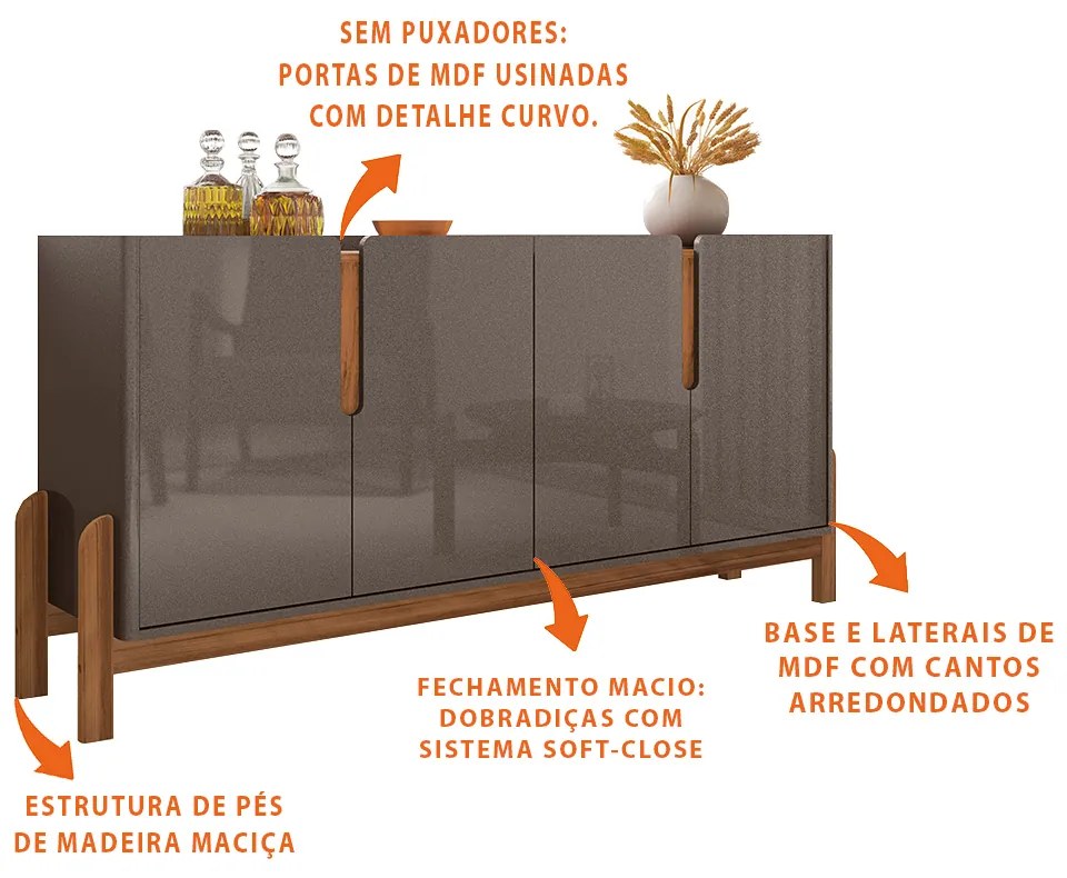 Aparador Buffet 4 Portas Belle 170 cm Cinza Pérola e Cedro - D'Rossi