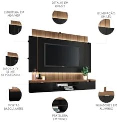 Painel TV 55 Pol 180cm Bancada Suspensa Illuna H01 Preto/Castanho - Mp