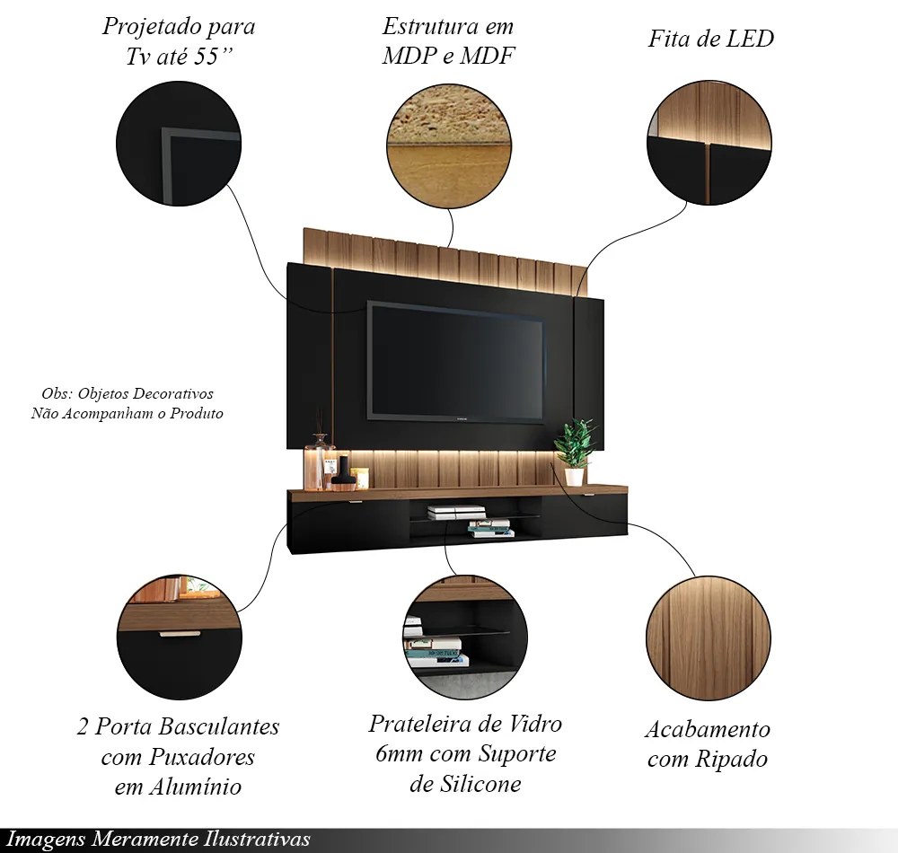 Painel Home Suspenso 1.8 para TV até 55" com Fita LED MDP/MDF Illusion Preto/Castanho G26 - HB Móveis