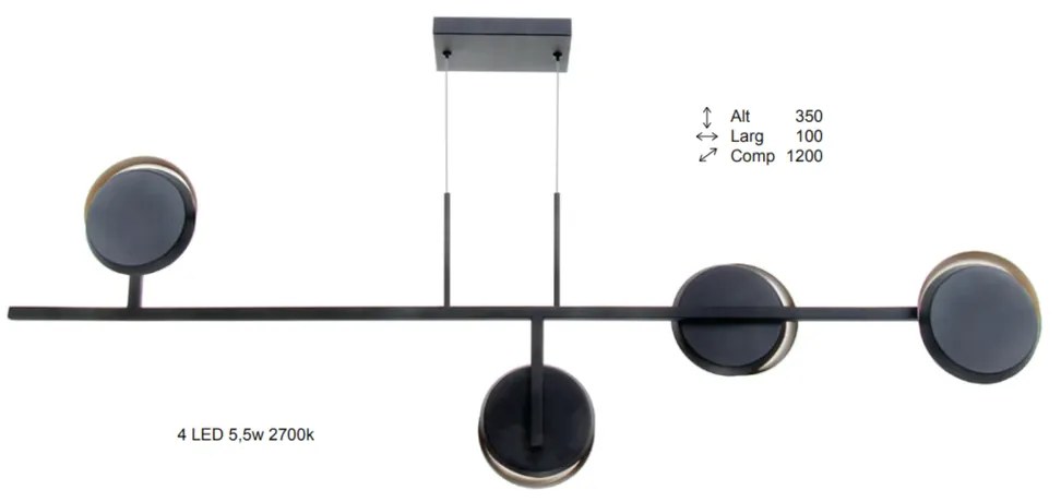 Pendente Eclipse Linear Assimetrico 120X10X35Cm Discos Metal Aluminio... (PRETO / COBRE BRILHO, 220V)