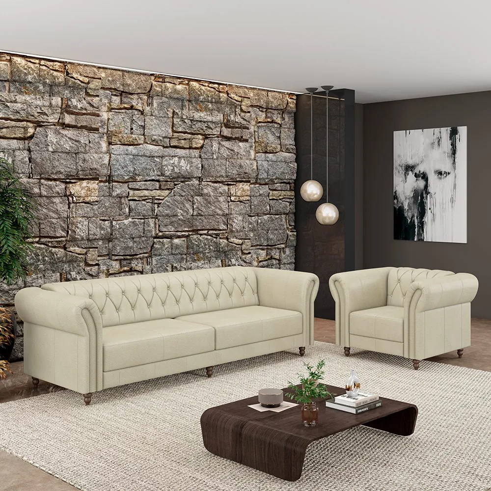 Conjunto Sala de Estar 1 Sofá Living 260cm e 1 Poltrona Stanford Chesterfield Pés Madeira Couro Off White G58 - Gran Belo