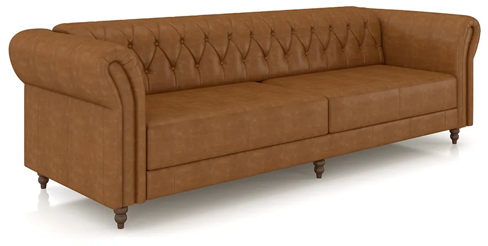 Sofá Living Sala de Estar Stanford Chesterfield 3 Lugares 240cm Pés de Madeira Couro Mel Manchado G58 - Gran Belo