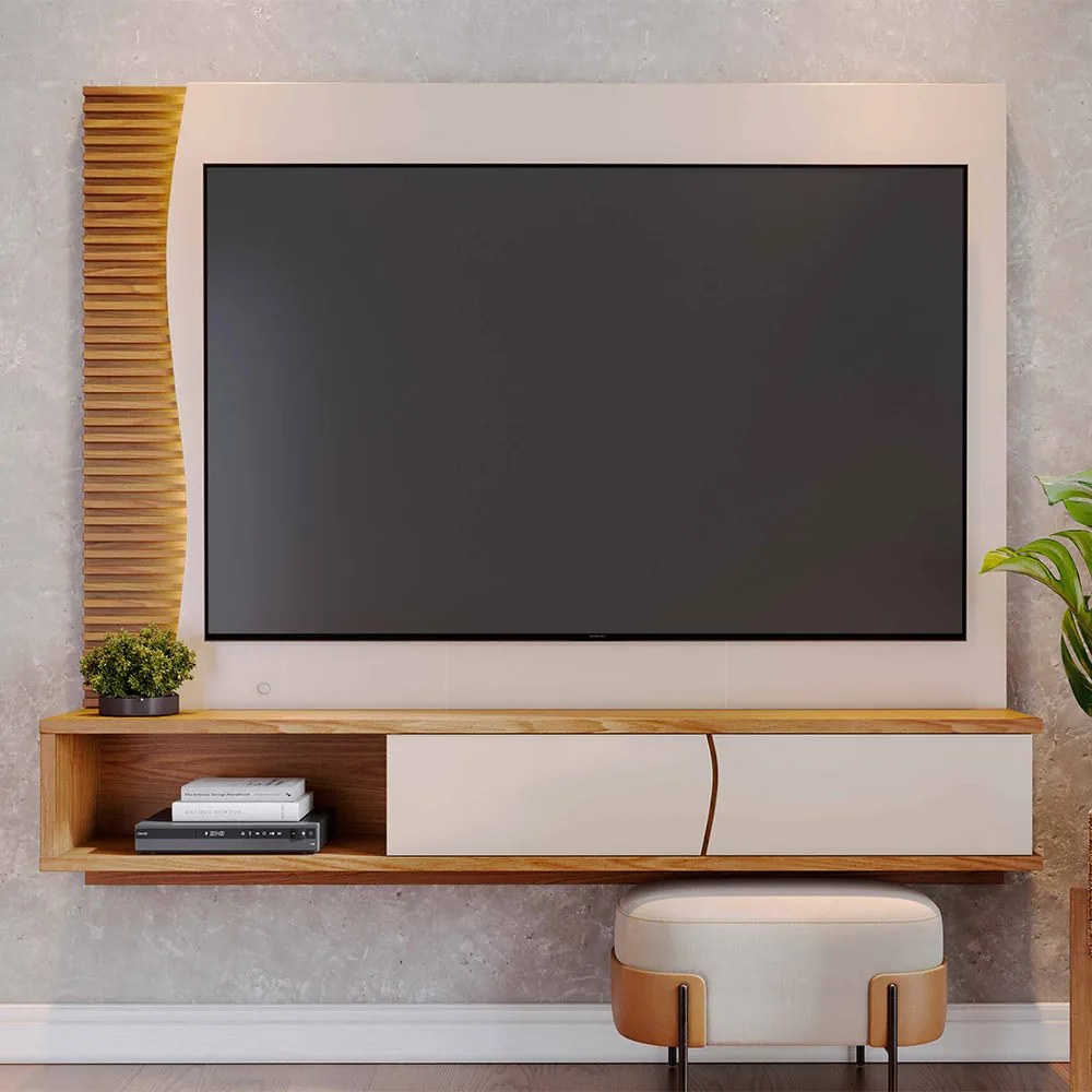 Painel TV 65 Pol 180cm Bancada Suspensa Ripado Manacá C04 - D'Rossi - Off White Matte e Freijó