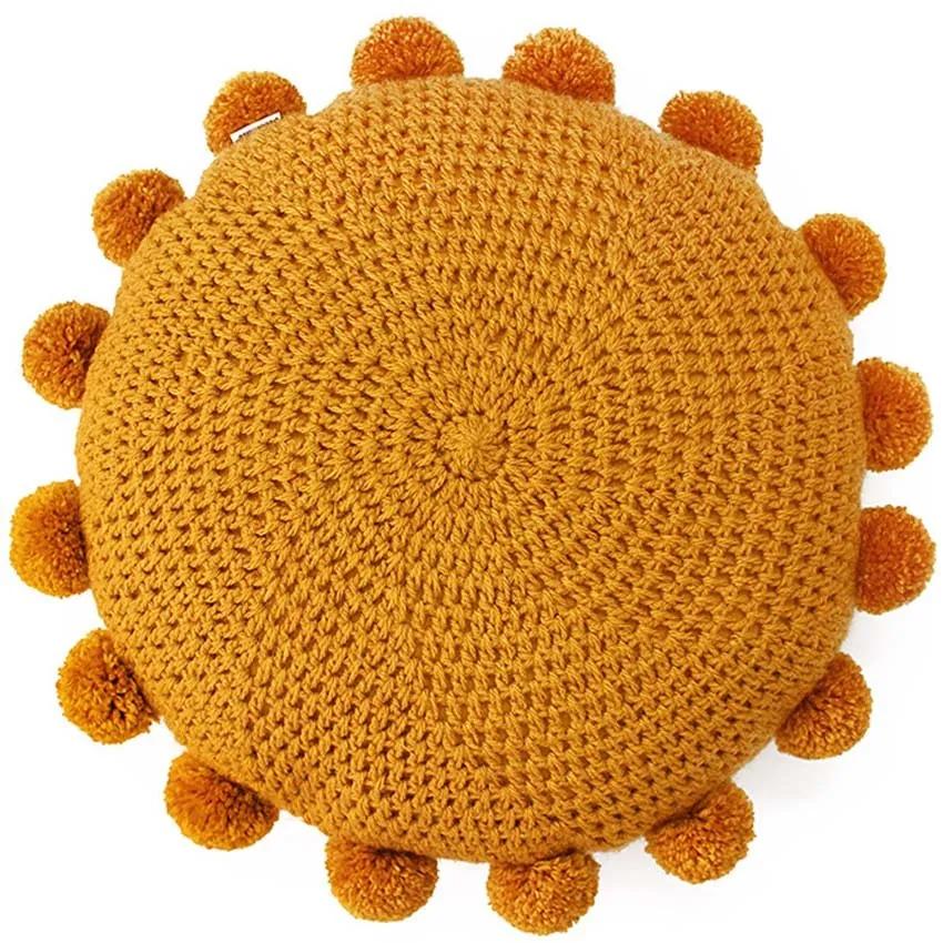 Almofada de crochet redonda com pompom mostarda