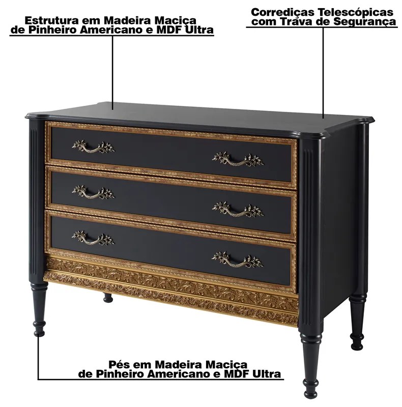 Cômoda Decorativa Munchen com 3 Gavetas Preto G71 - Gran Belo