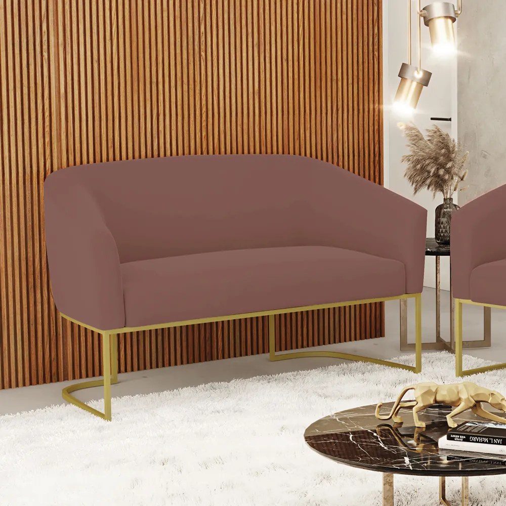Sofá 2 Lugares Namoradeira Industrial Dourado Stella Veludo D03 - D'Rossi - Rose
