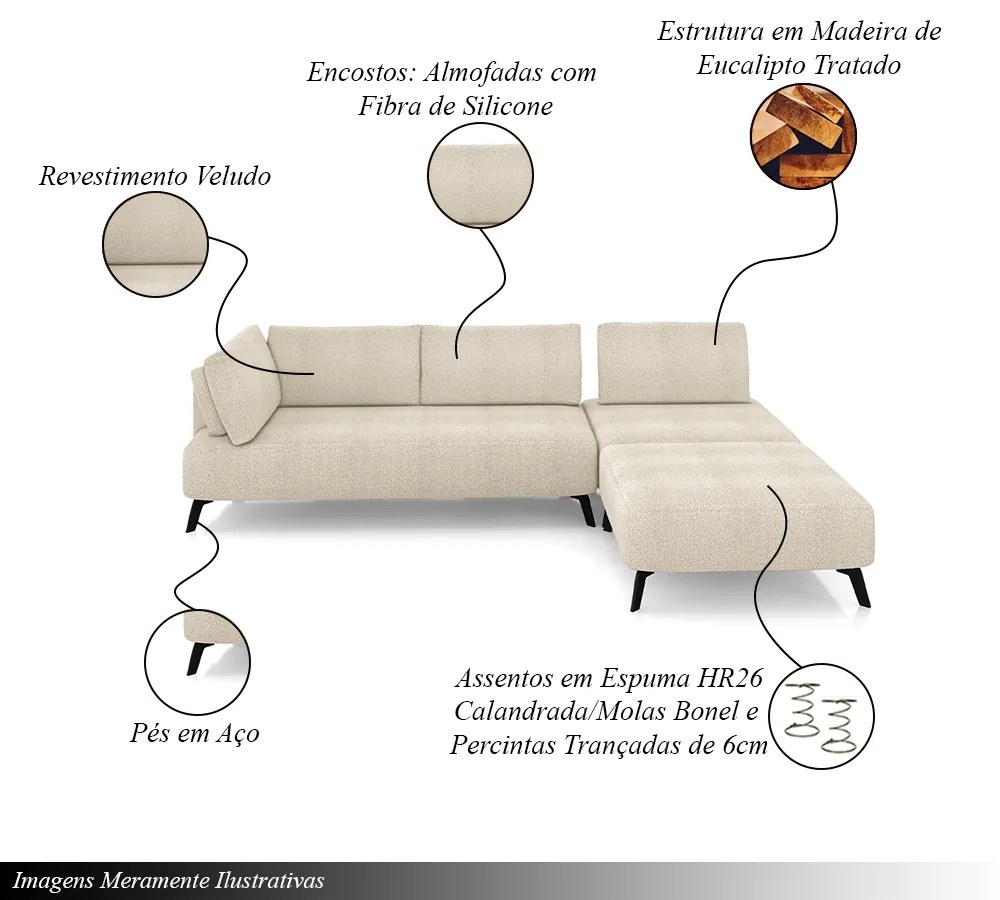 Sofá de Canto Modulado 242cm Sabrina Pés em Aço com Puff Bouclê Bege G52 - Gran Belo