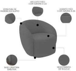 Poltrona para Sala de Estar Giratória Orgânica Garbin Z08 Boucle Cinza