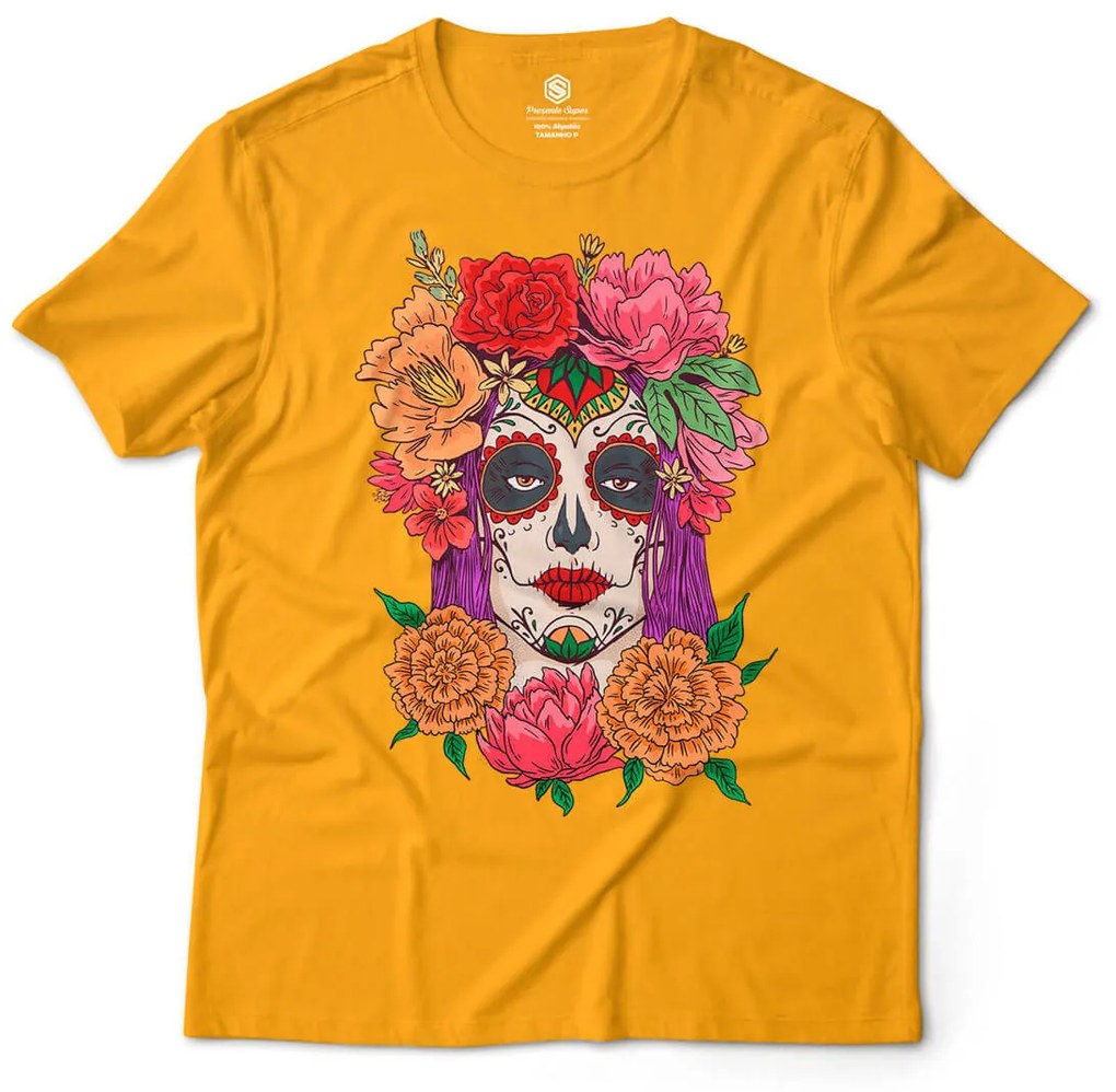 Camiseta Unissex Caveira Mexicana Mulher Dia de Los Muertos 2 - Amarelo Ouro - P