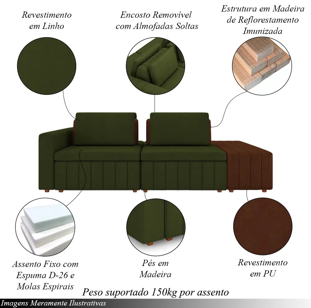 Sofá Ilha com Encosto e Almofadas Móveis Olimpo 245cm Modulado Linho/PU Verde/Marrom G45 - Gran Belo