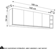 Armário de Cozinha Aéreo Nevada com Nicho 180cm 4 Portas Cinza Claro -