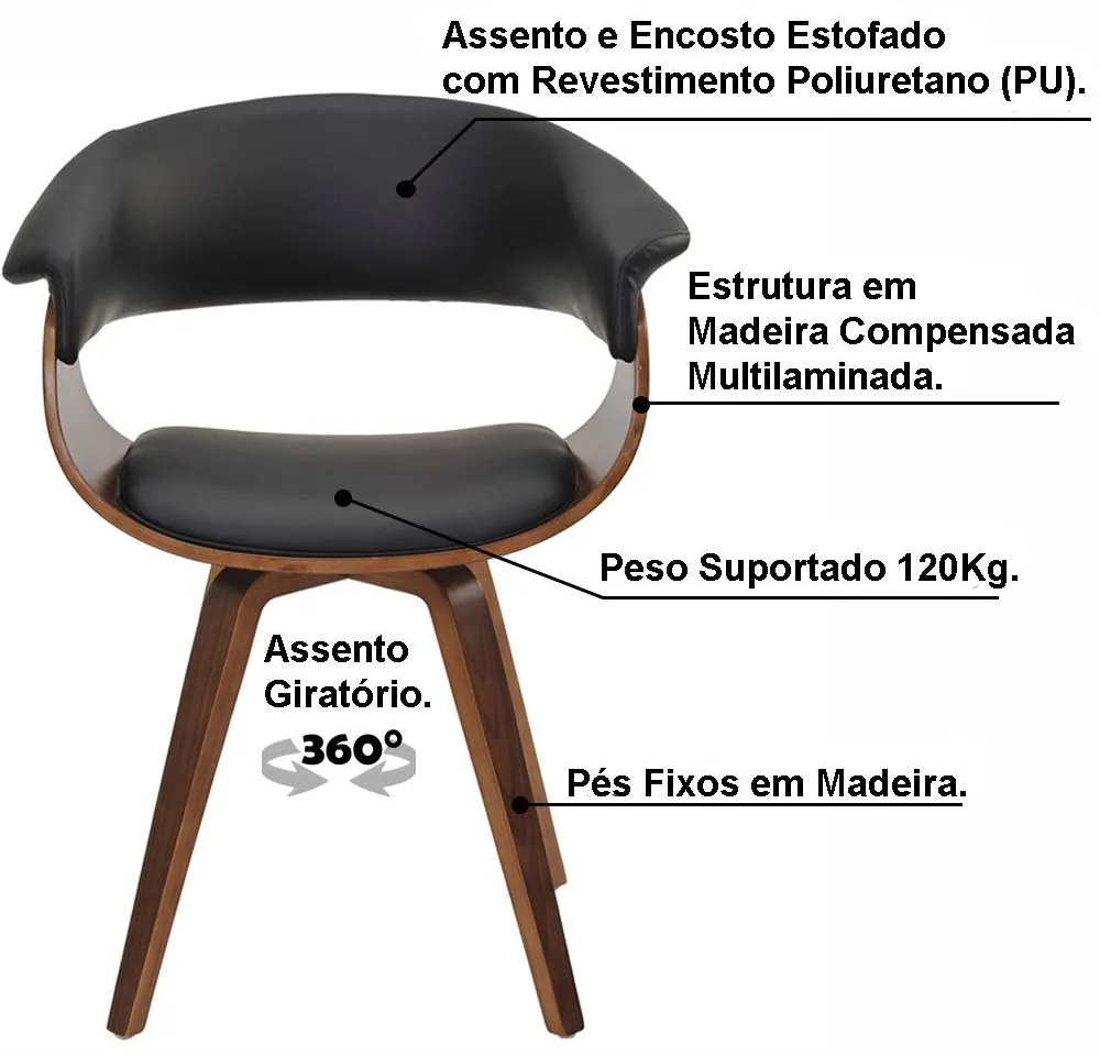 Cadeira Giratória Decorativa para Sala de Jantar Ohana PU Preto G56 - Gran Belo