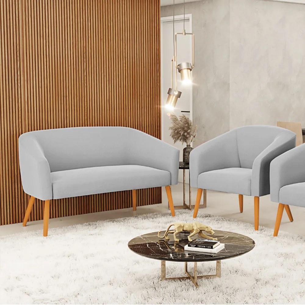 Sofá Namoradeira e Poltrona Pé Palito Castanho Stella Suede Cinza D03 - D'Rossi