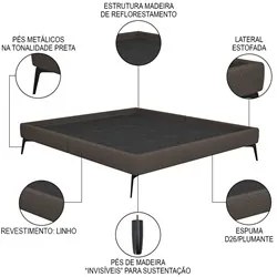 Cama Casal 145cm Pés Metálicos Elisa S05 Linho Marrom - Mpozenato