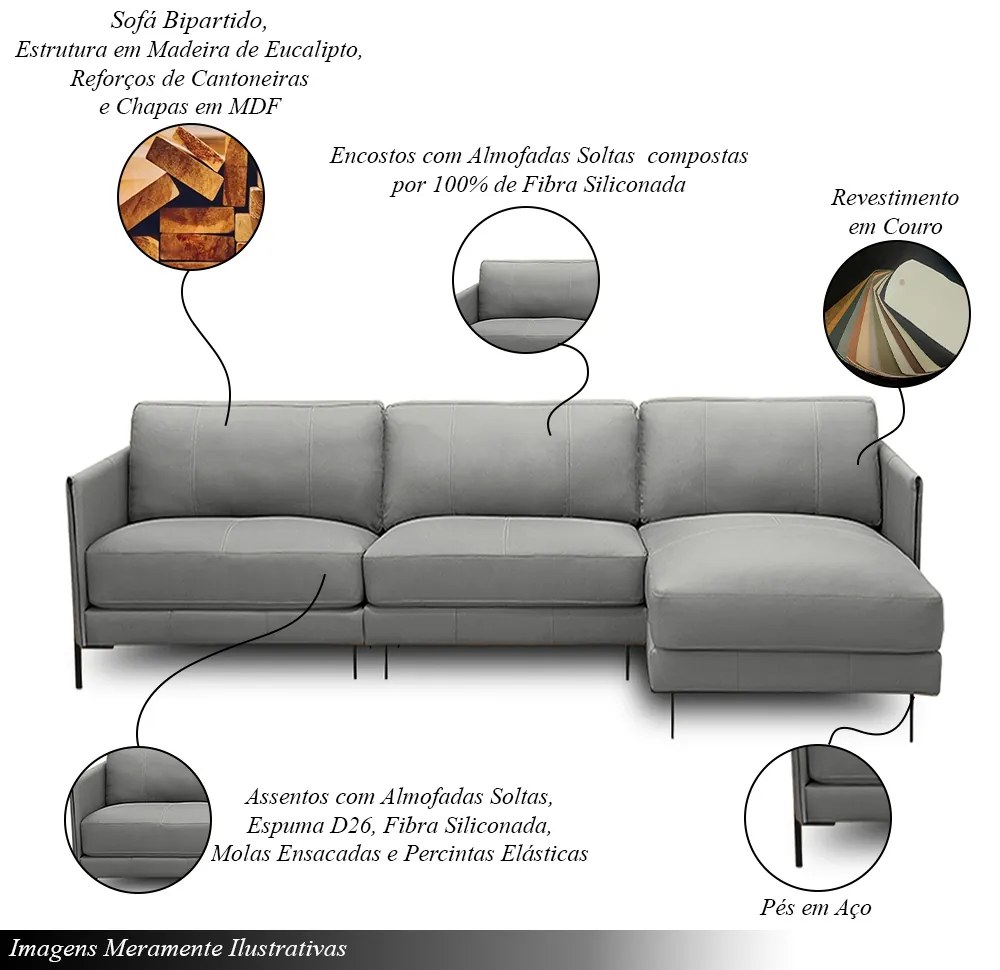 Sofá Decorativo Karine 6 Lugares Sala de estar 360cm com Chaise Pés em Aço Couro Grafite G88 - Gran Belo