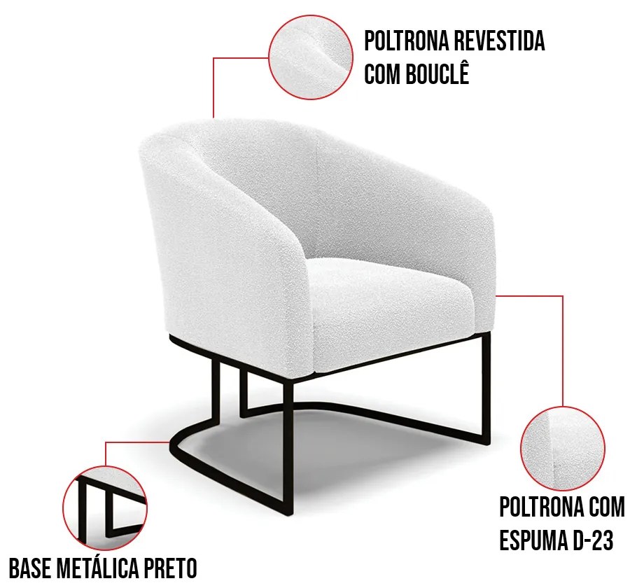 Poltrona Decorativa Base Industrial Preto Stella Bouclê D03 - D'Rossi - Off White