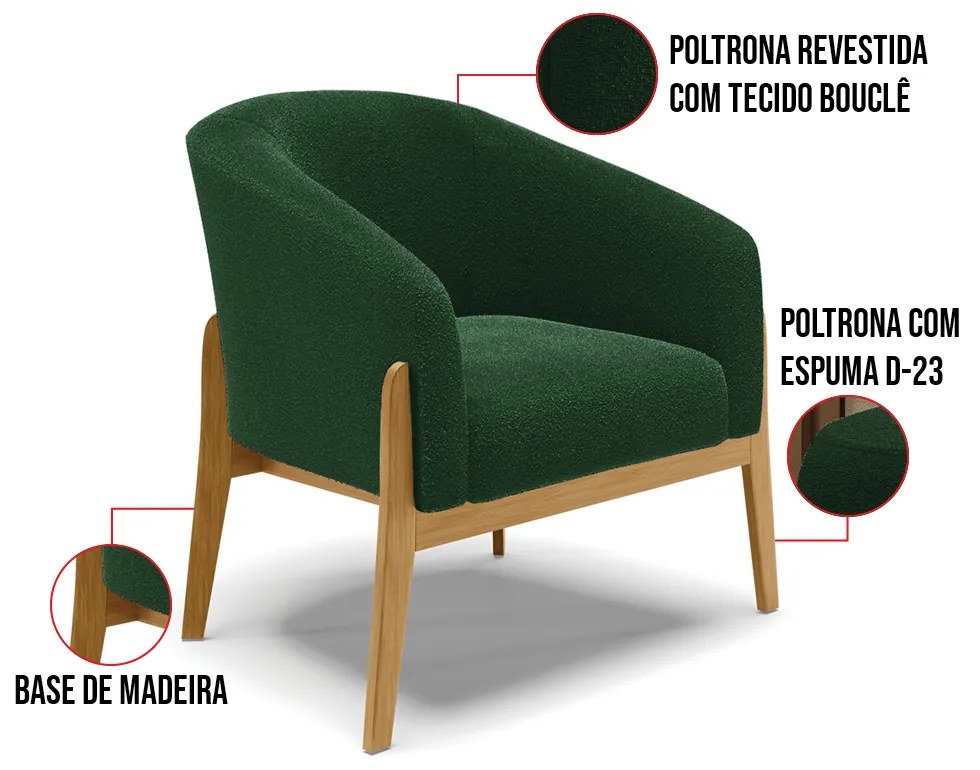 Poltrona Decorativa Base Madeira Stella Bouclê Verde D03 - D'Rossi