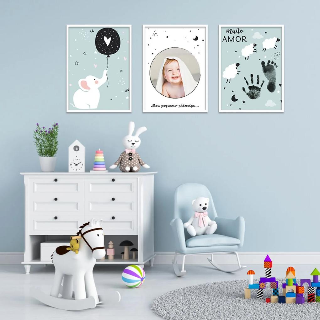 Quadro 60x120cm Infantil Lembrança Bebê Menino Moldura Branca com Vidro Decorativo