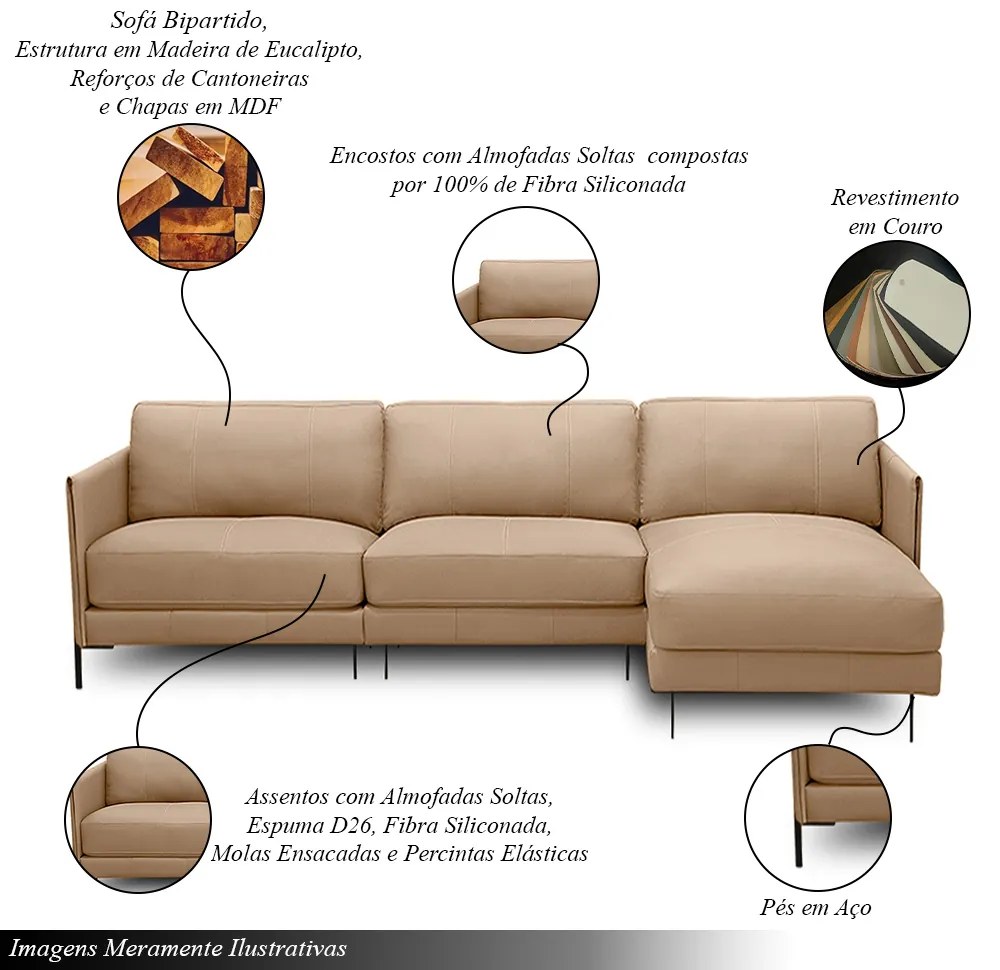 Sofá Decorativo Karine 5 Lugares Sala de estar 300cm com Chaise Pés em Aço Couro Nude G88 - Gran Belo