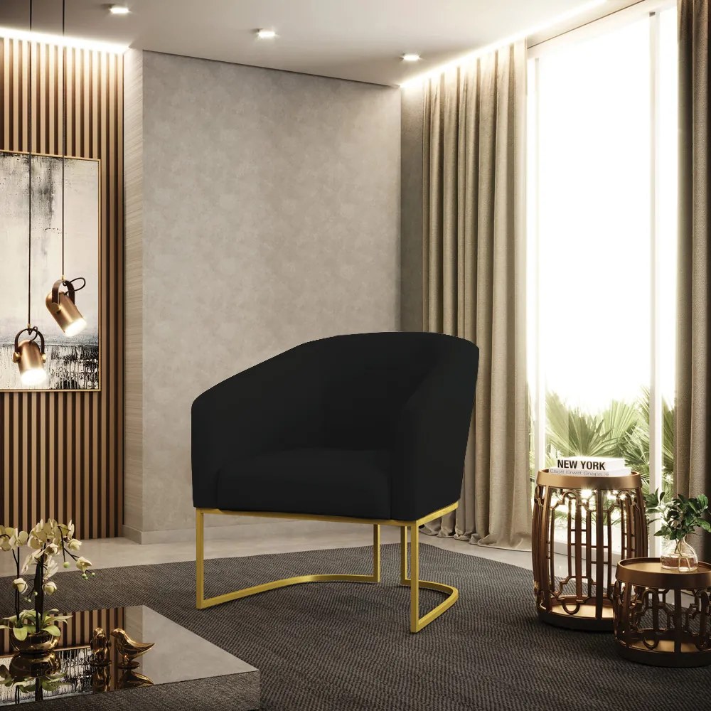 Poltrona Decorativa Industrial Dourado kit 2 Stella Linho Preto D03 - D'Rossi
