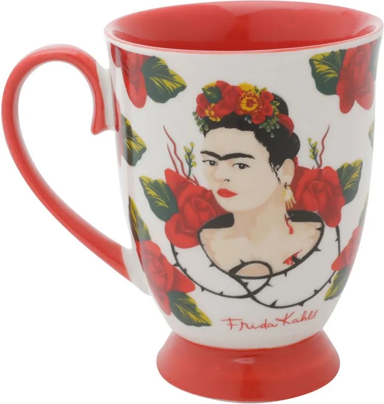 Caneca Porcelana Rococó Frida Kahlo Face Red Roses