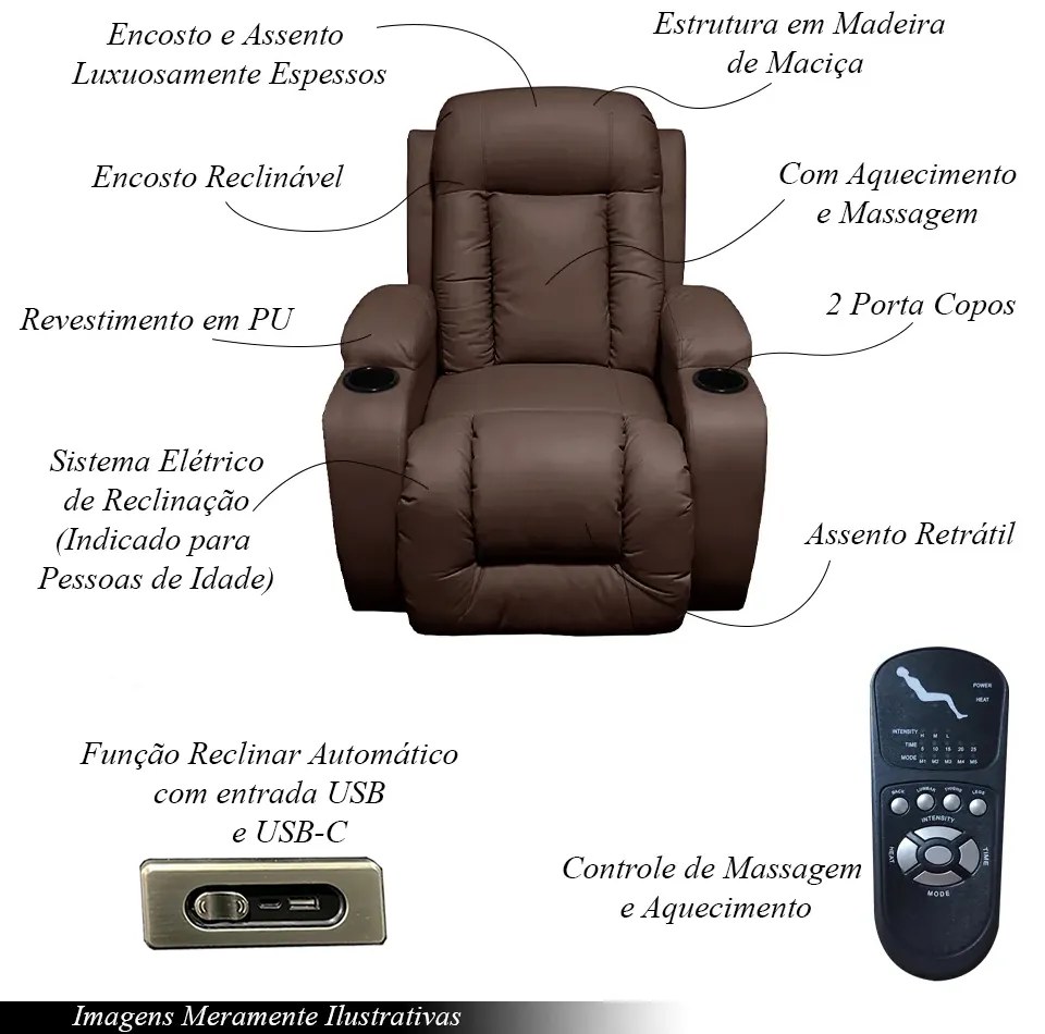 Poltrona do Papai Austin com Reclinação Elétrica Massagem Aquecimento PU Marrom Chocolate G31 - Gran Belo