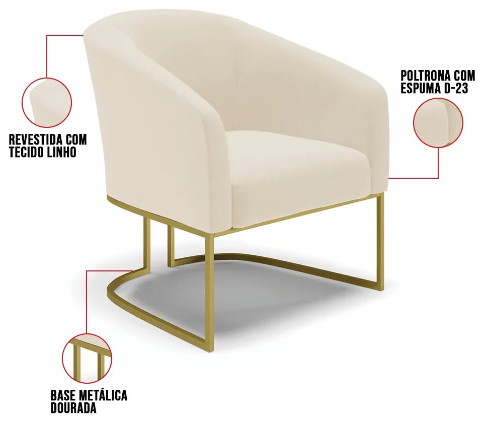 Cadeira Sala de Jantar Base Industrial Dourado Kit 2 Stella Linho D03 - D'Rossi - Bege