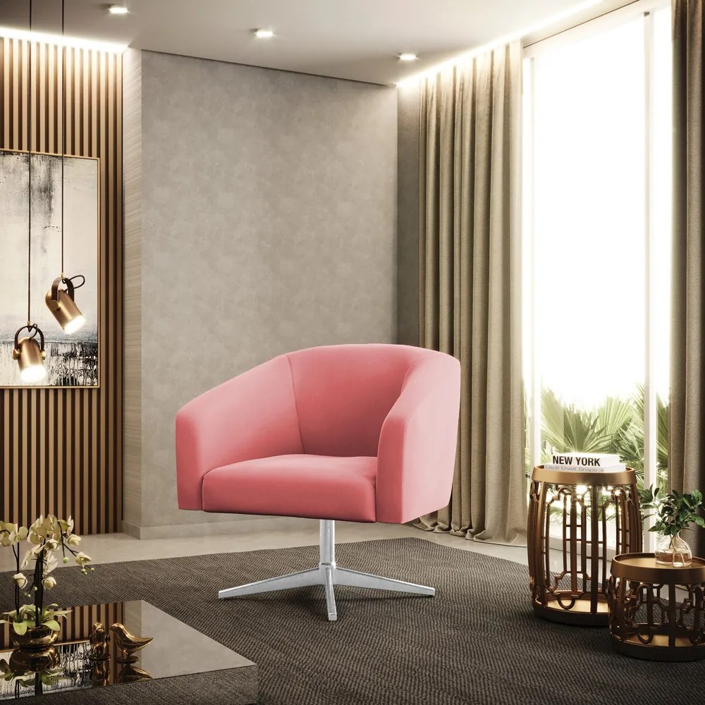 Poltrona Decorativa Giratória Cromada Stella Suede D03 - D'Rossi - Rose