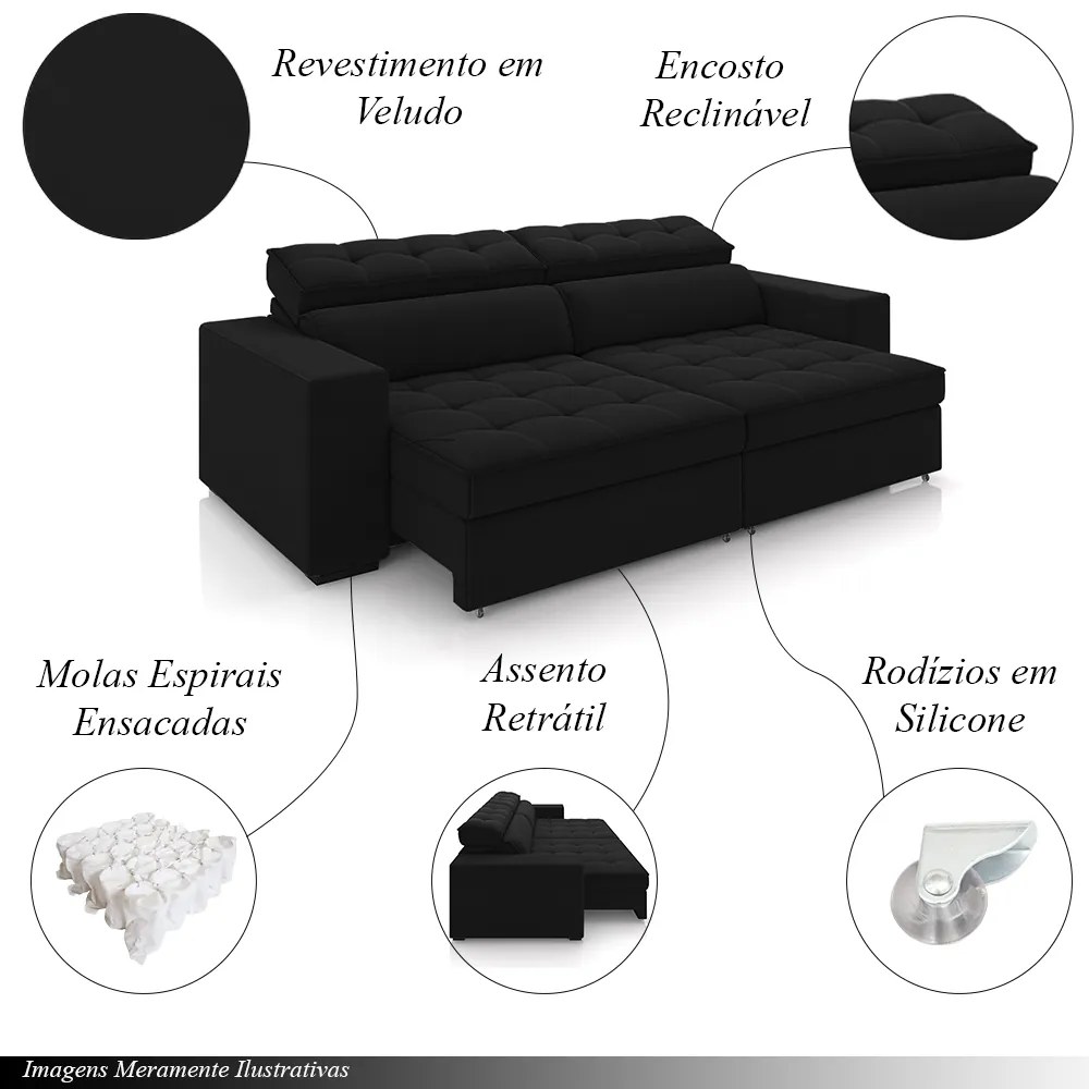 Sofá Decorativo Hugo 4 Lugares 300cm Reclinável e Retrátil Veludo Preto G45 - Gran Belo