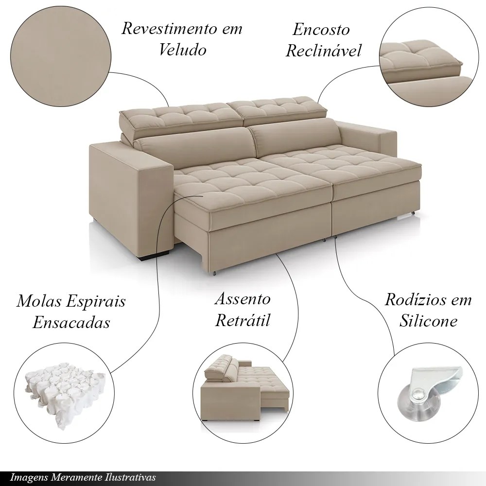 Sofá Decorativo Hugo 4 Lugares 300cm Reclinável e Retrátil Veludo Bege G45 - Gran Belo