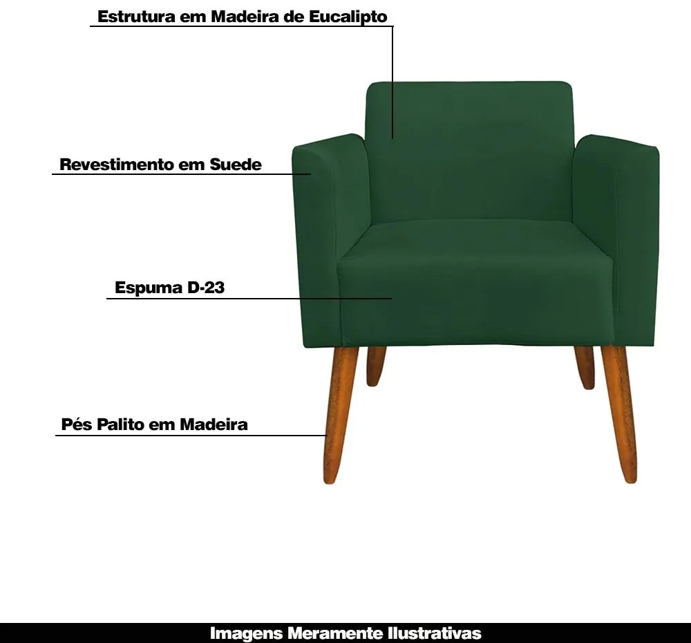 Kit 02 Poltronas Decorativas Isabella Pés Palito Madeira Suede Verde G19 - Gran Belo