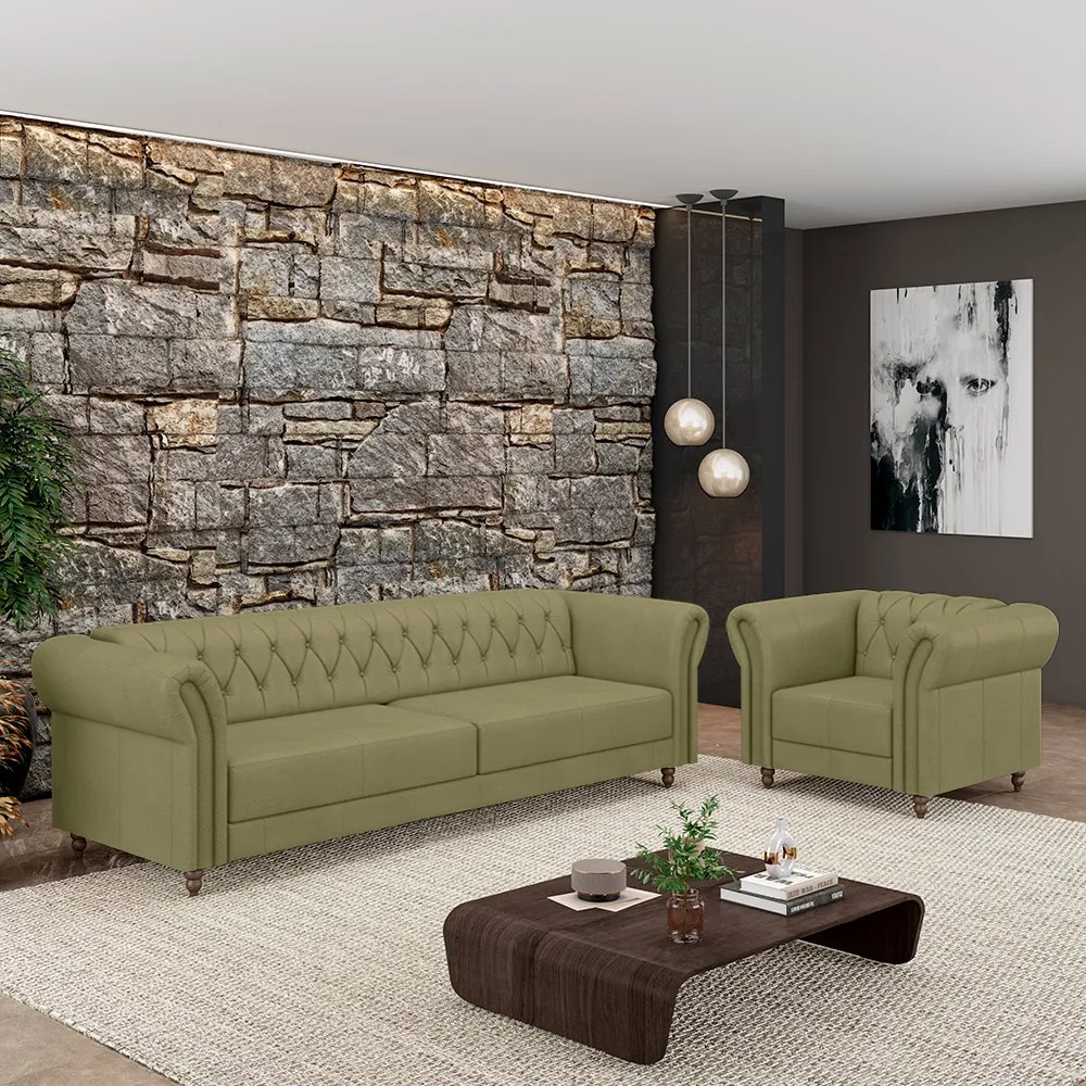 Conjunto Sala de Estar 1 Sofá Living 180cm e 1 Poltrona Stanford Chesterfield Pés Madeira Couro Fendi G58 - Gran Belo