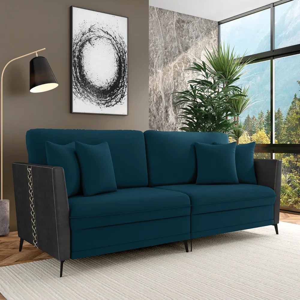 Sofá 2 Lugares Living 182cm Mondaí Sintético Preto/Veludo K01 - D'Rossi - Azul