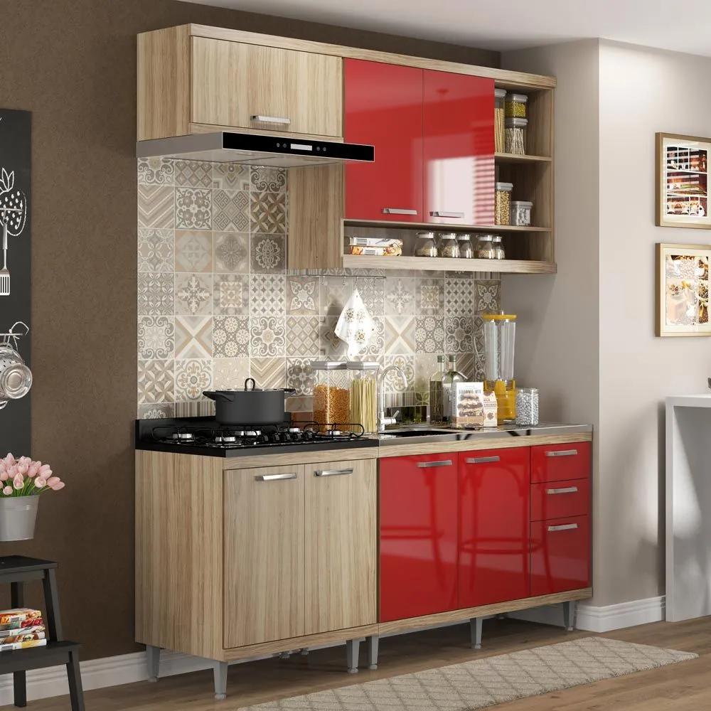 Cozinha Compacta 7 Portas Com Balcão Sem Pia 5810 Vermelho/Argila - Multimóveis
