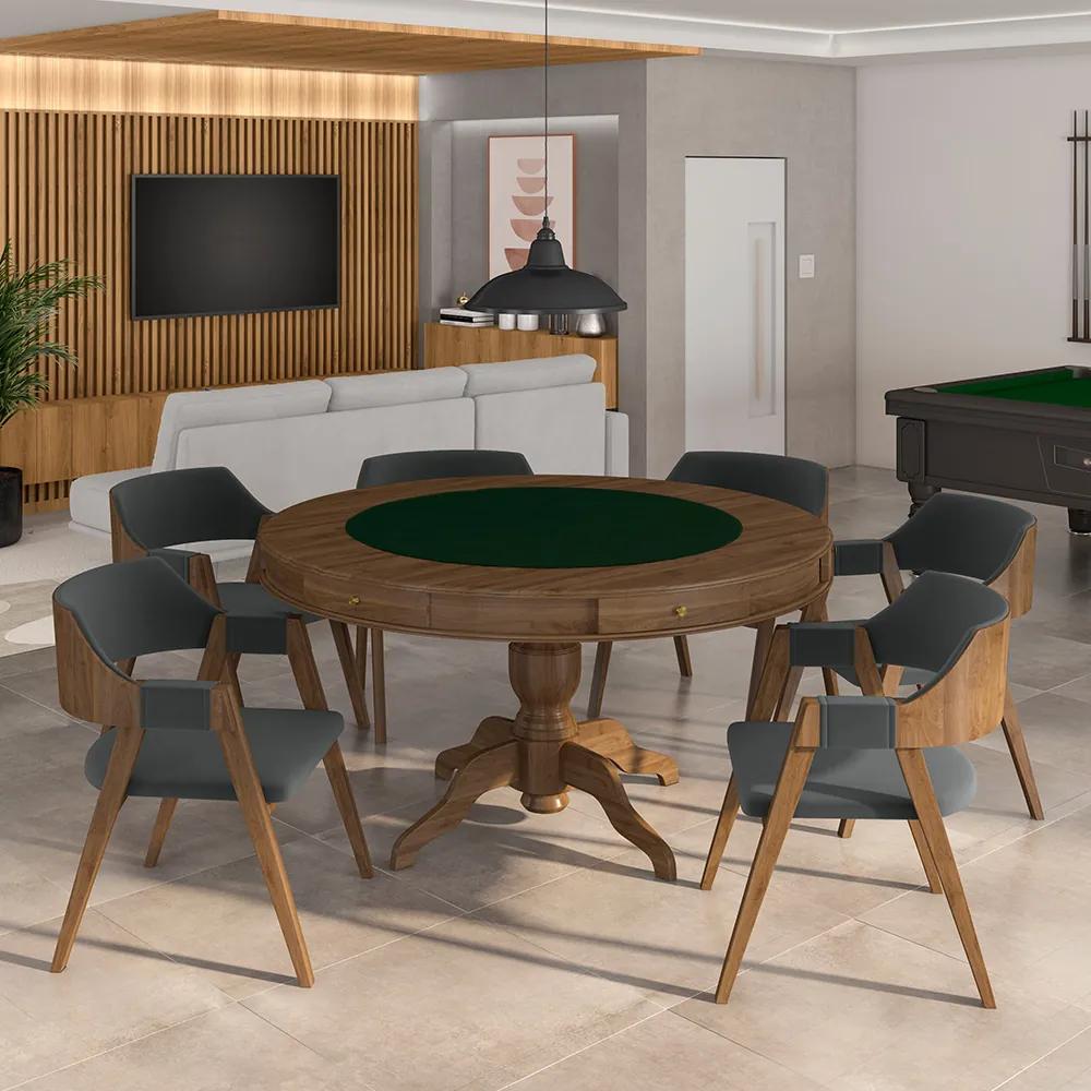 Conjunto Mesa de Jogos Carteado Bellagio Tampo Reversível e 6 Cadeiras Madeira Poker Base Estrela Veludo Cinza/Nogueira G42 - Gran Belo