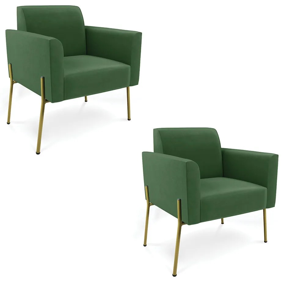 Poltrona Pé de Ferro Dourado Decorativa Kit 2 Marisa Suede D03 - D'Rossi - Verde