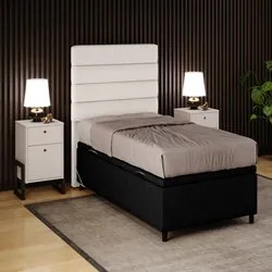 Cabeceira com Base Cama Box Baú Solteiro 88x188cm Hit ID5 Linho Cru/Su