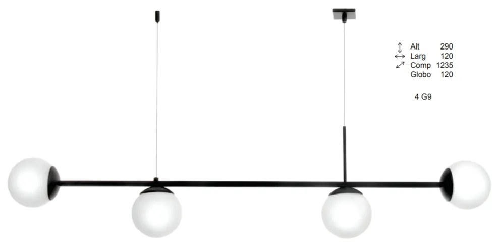 Pendente Tooren Retangular Barra Reta 123,5X12X29Cm Globo Ø12Cm 04Xg9... (PRETO / COBRE BRILHO, FOSCO (Branco))