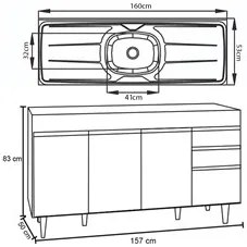 Balcão Gabinete com Pia Inox 160cm Arkansas Castanho/Cinza  Lumil