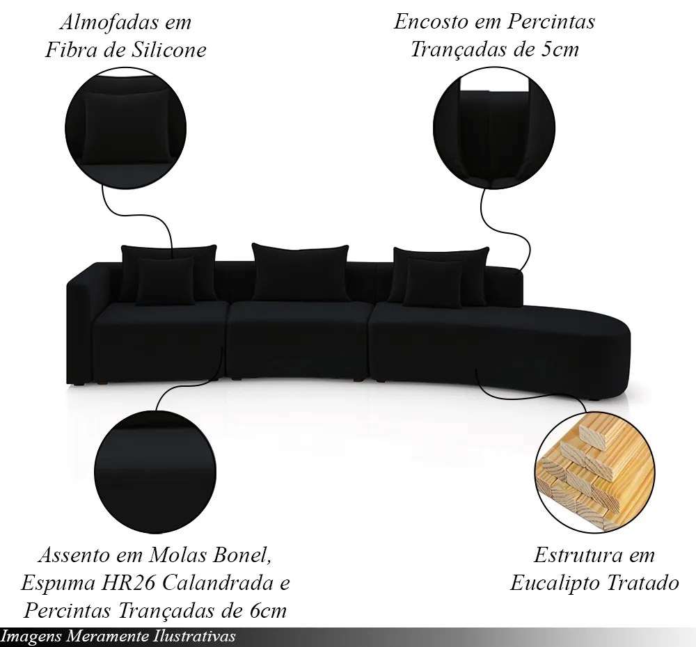 Sofá Curvo Decorativo Kimiko 437Cm 6 Lugares Sala de Estar com Chaise Veludo Preto G52 - Gran Belo