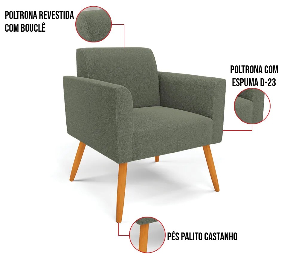 Poltrona Sala Estar Pé Palito Castanho Kit 2 Marisa Bouclê D03 - D'Rossi - Pistache