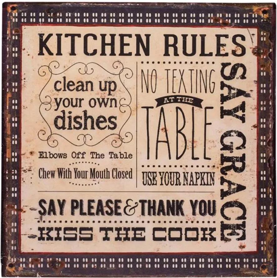 Placa Kitchen Rules Bege e Preto em Metal - 30x30 cm