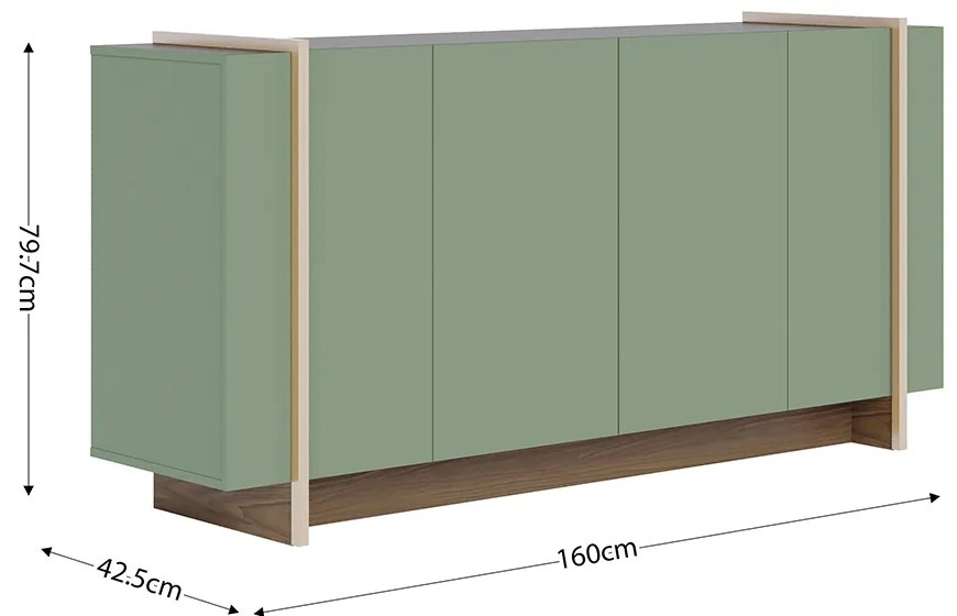 Aparador Buffet 4 Portas Oliwia 160cm Sala Jantar Pé Dourado C04 - D'Rossi - Verde Pistache e Amêndoa