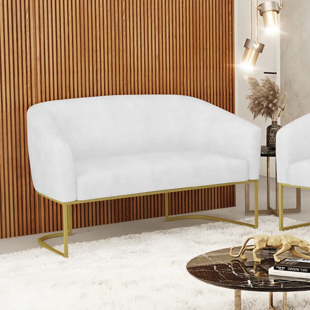 Sofá 2 Lugares Namoradeira Industrial Dourado Stella Sintético PU D03 - D'Rossi - Branco