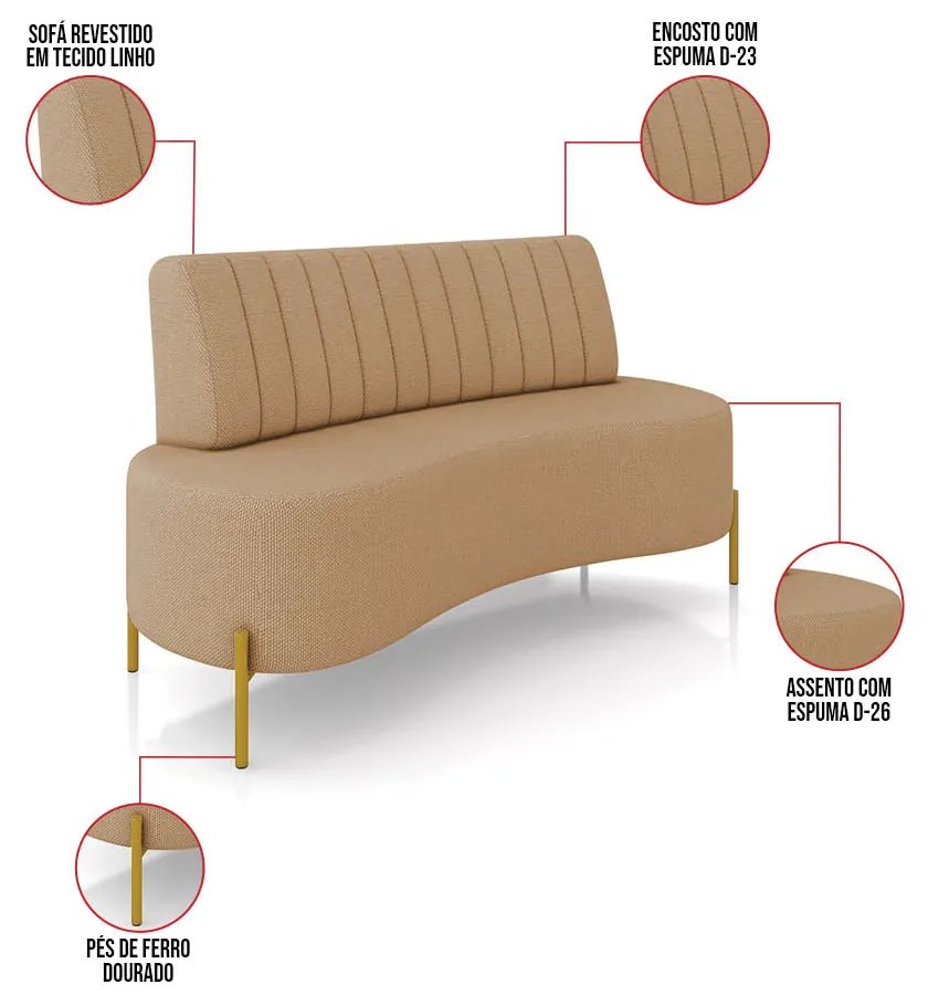 Sofá 2 Lugares Living 135cm Pé Ferro Dourado Maraú Linho Areia K01 - D'Rossi