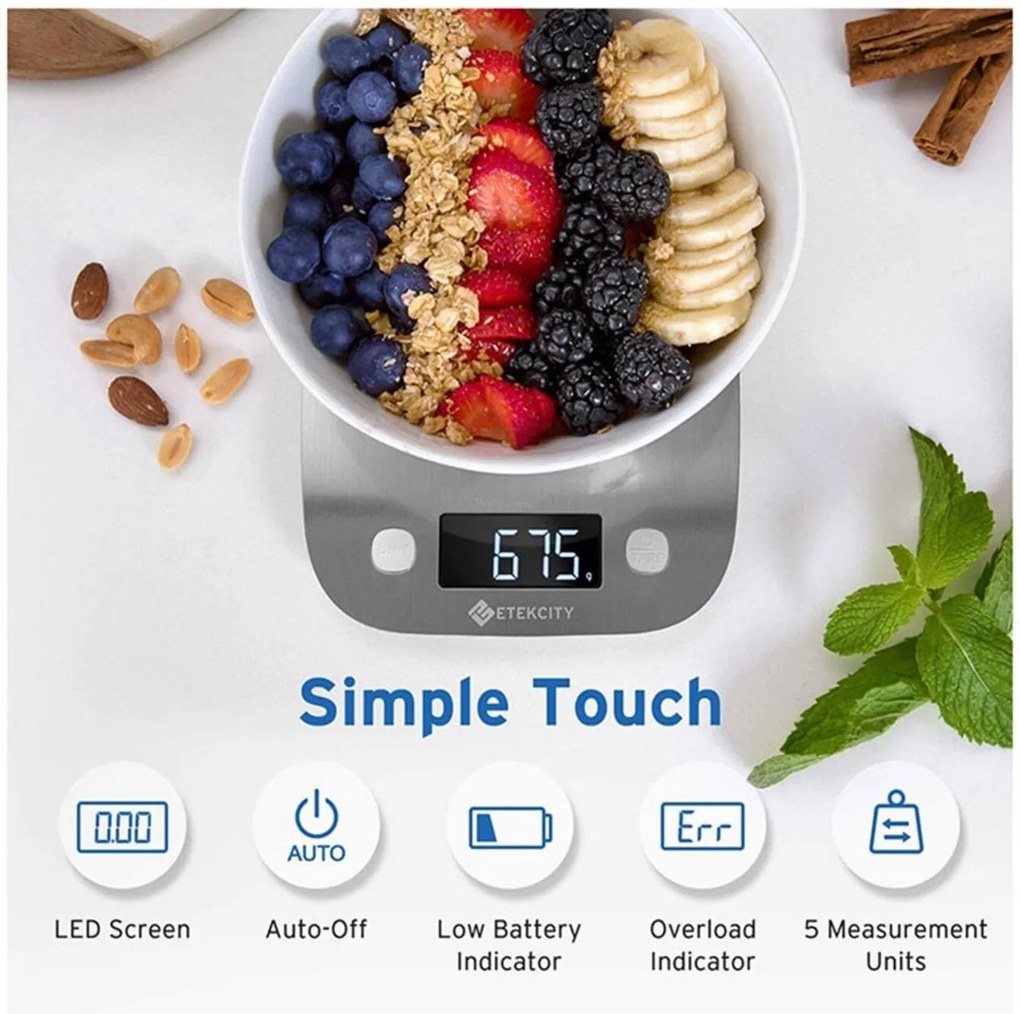 Balança ETEKCITY Digital de Cozinha em Aço inoxidável com capacidade até 5000g  Prata