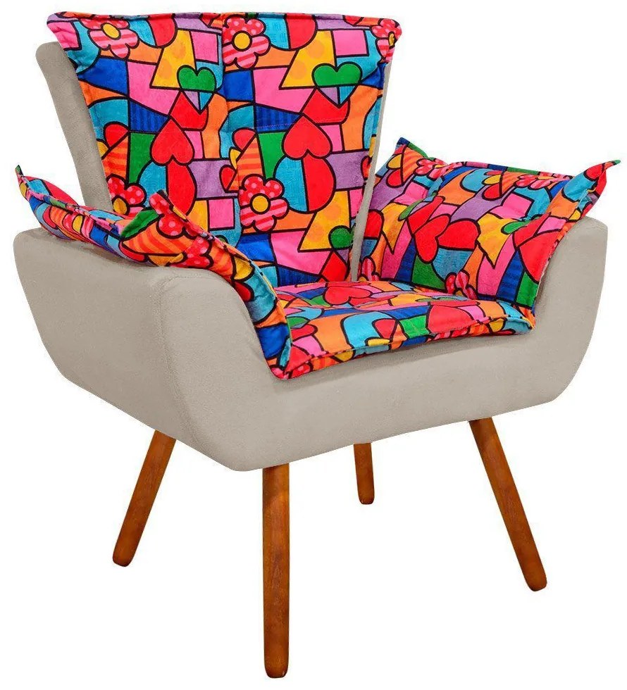 Poltrona Opala Romero Britto D15 e Suede Bege Pés Palito Castanho D'Rossi