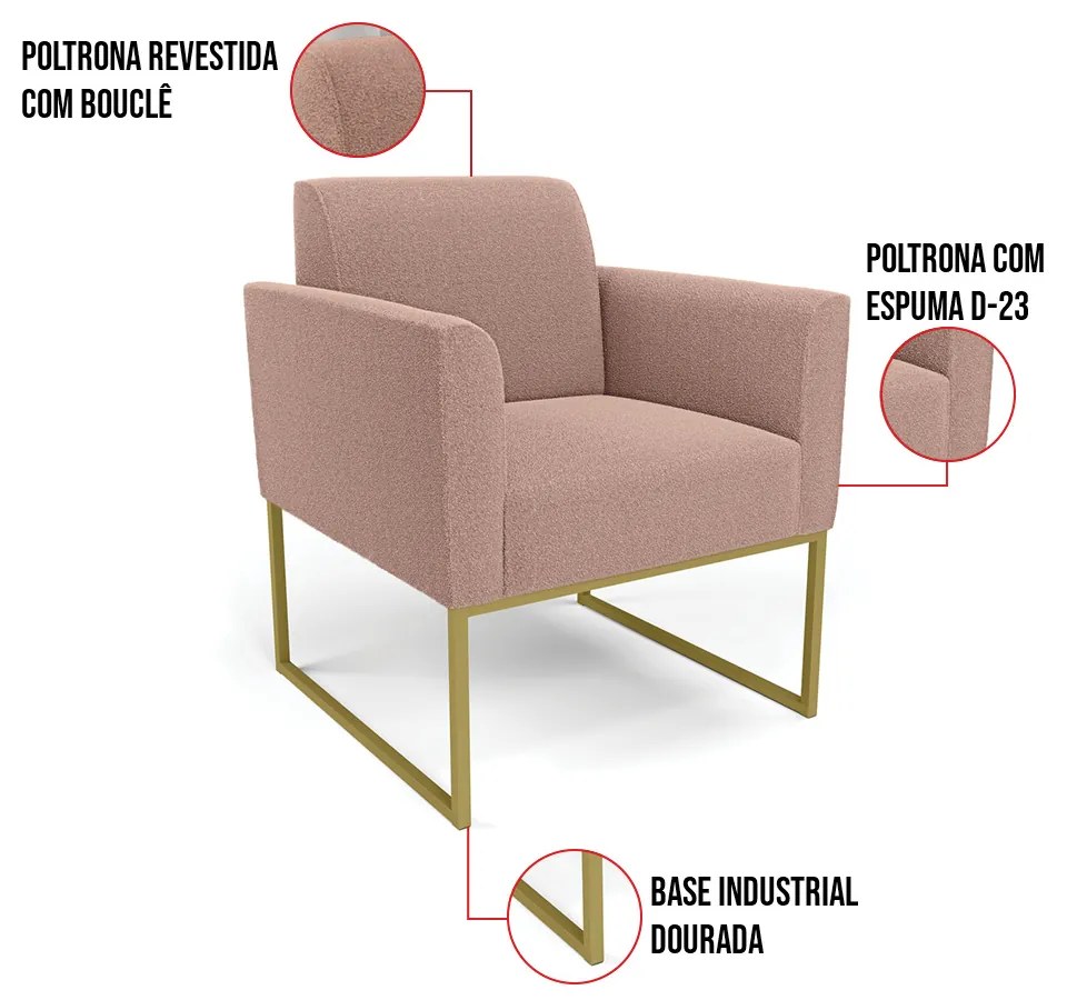 Namoradeira e 2 Poltronas Industrial Dourado Marisa Bouclê Rosê D03 - D'Rossi