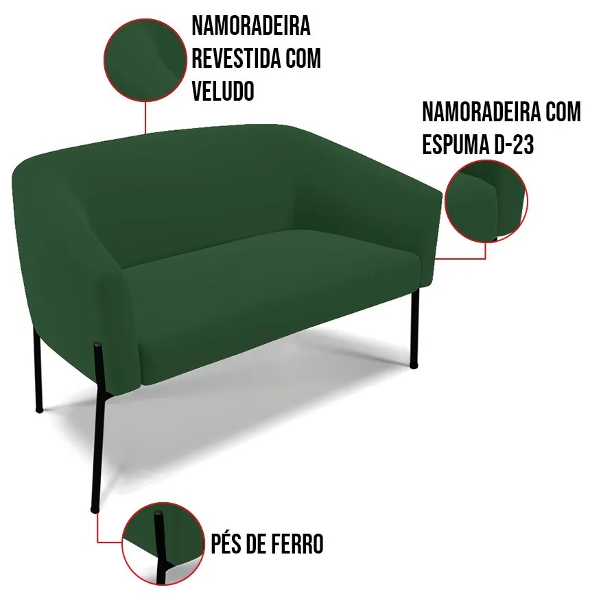 Sofá 2 Lugares Namoradeira Pé de Ferro Preto Stella Veludo D03 - D'Rossi - Verde